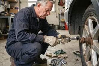 Mécanicien en salopette devissant un boulon de roue de voiture avec une clé à cliquet dans un garage