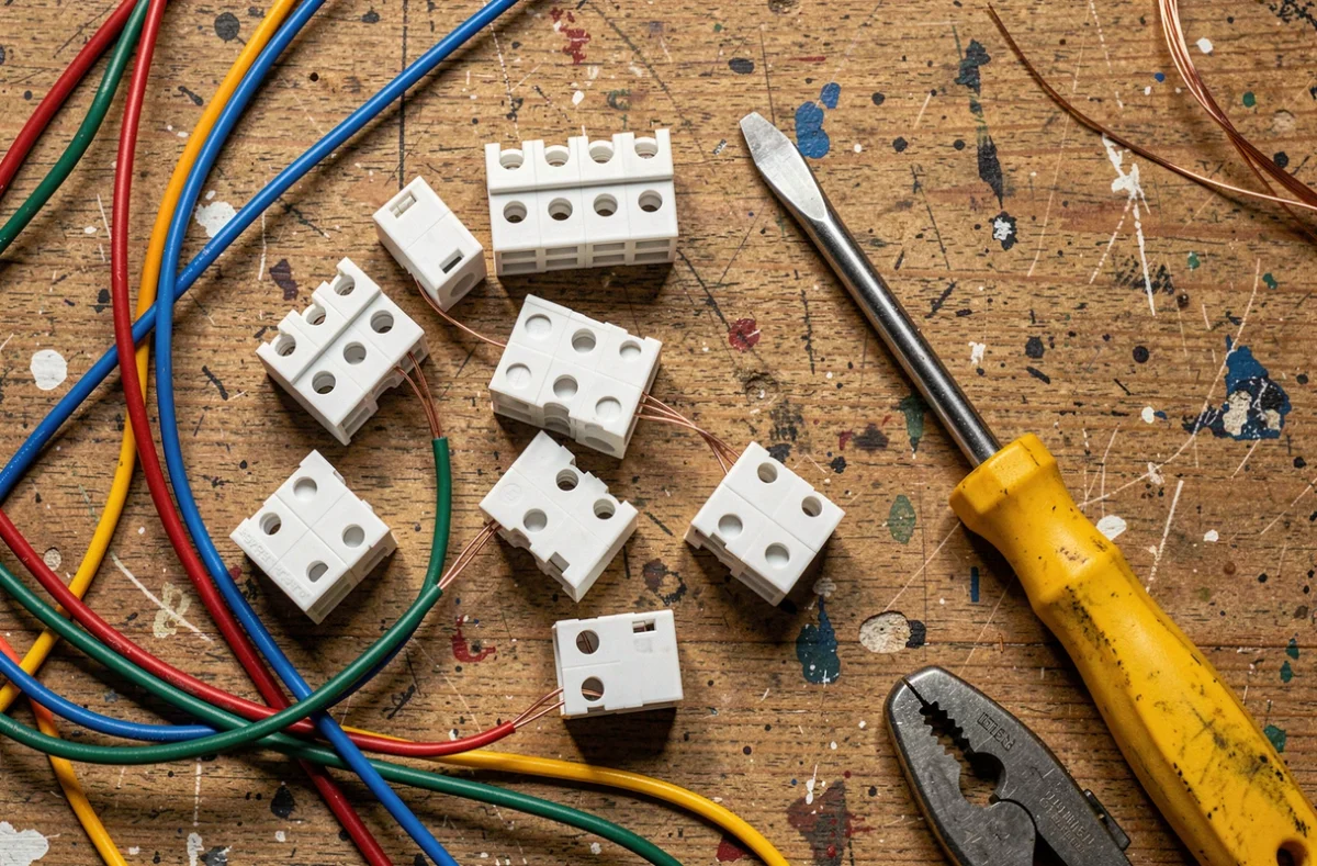 Vue du dessus de dominos électriques, fils dénudés et outils de raccordement sur un établi