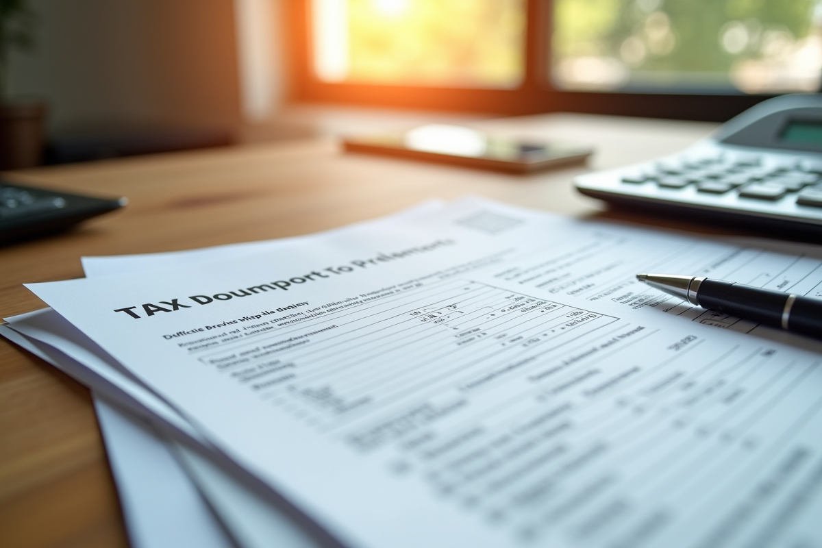 Dossiers fiscaux et permis de construction sur bureau ensoleille