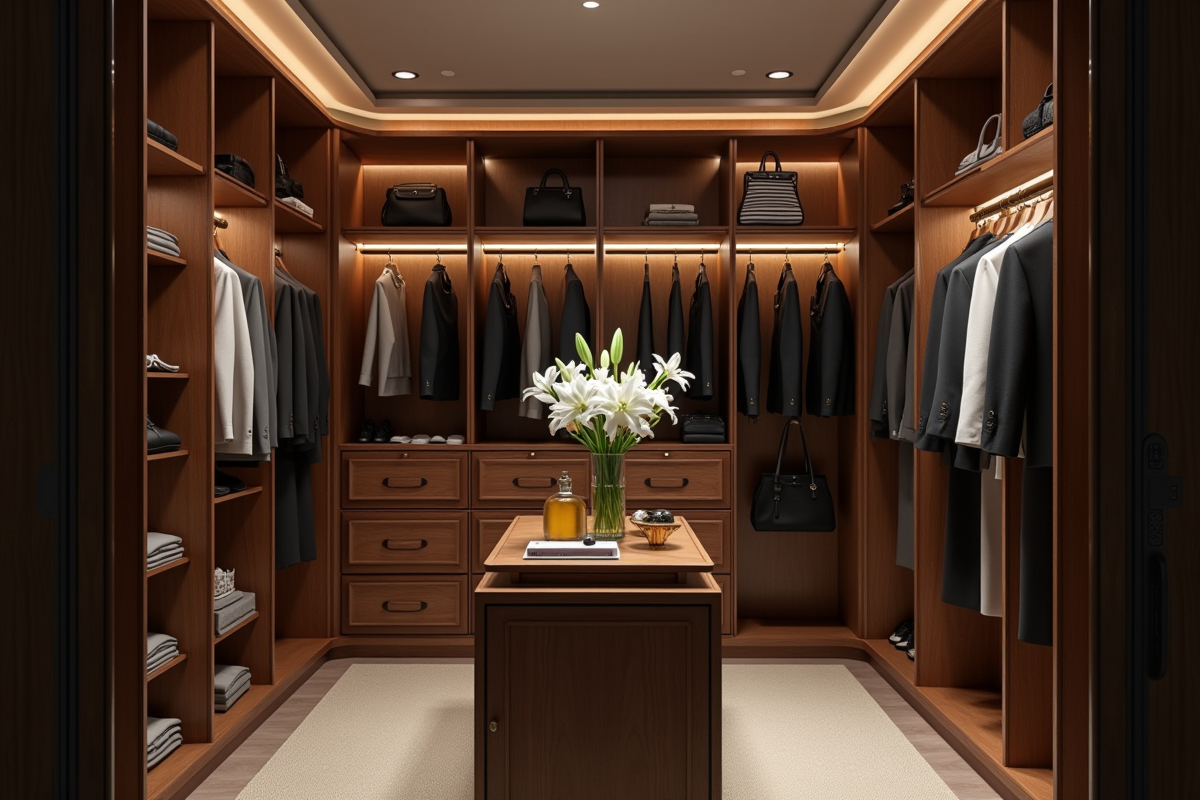 Dressing sophistiqué avec vêtements et accessoires de luxe