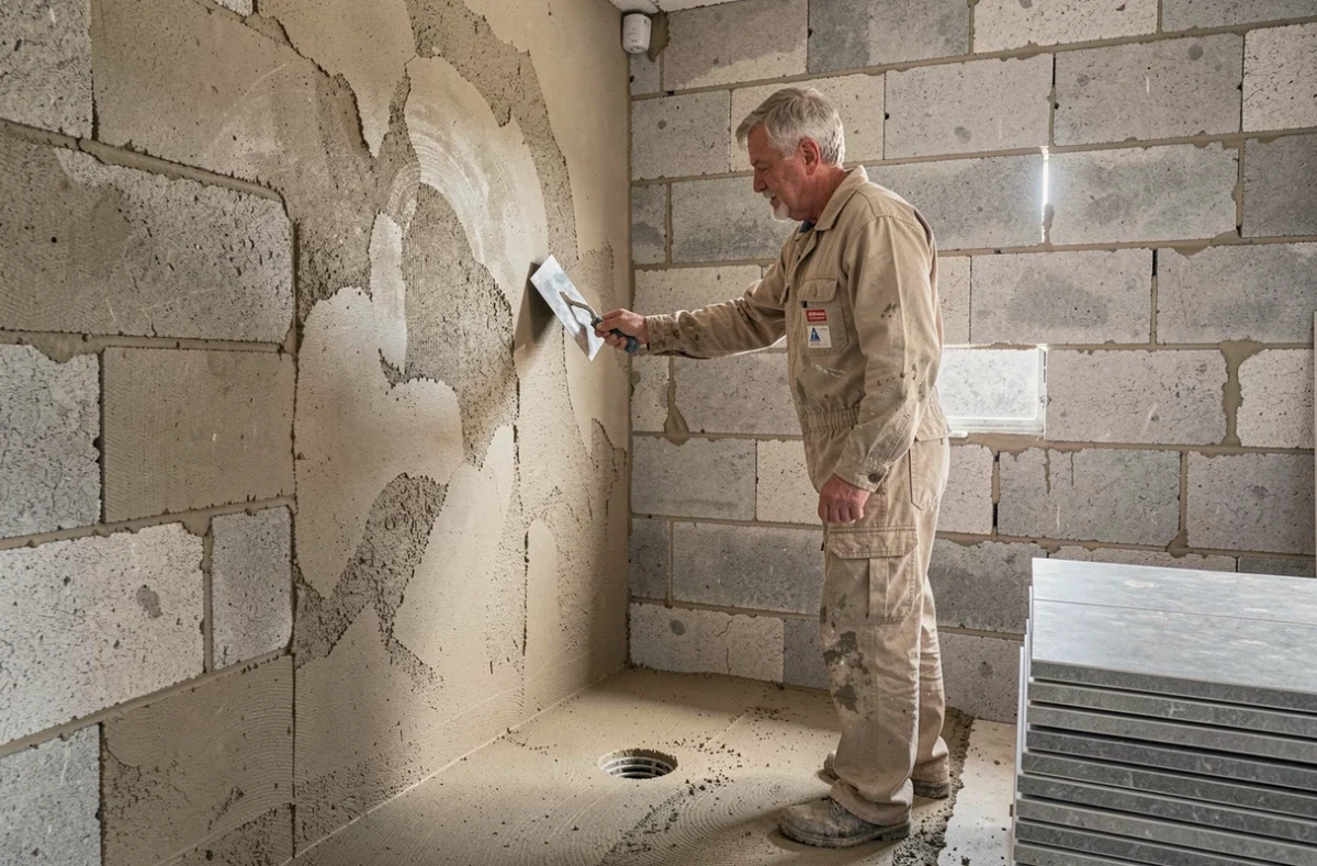 Maçon-rénovateur de Duchateaux Christophe appliquant un enduit hydrofuge sur les murs d'une salle de bain en cours d'aménagement à Calais