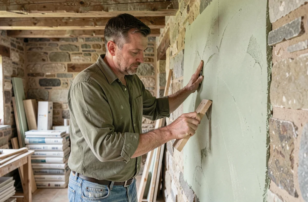 Artisan Dumitru Hariton appliquant un enduit à la chaux sur une pierre dans une ferme rénovée des Yvelines