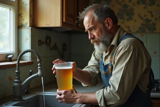 Homme d'âge moyen observant l'eau jaune dans un évier ancien