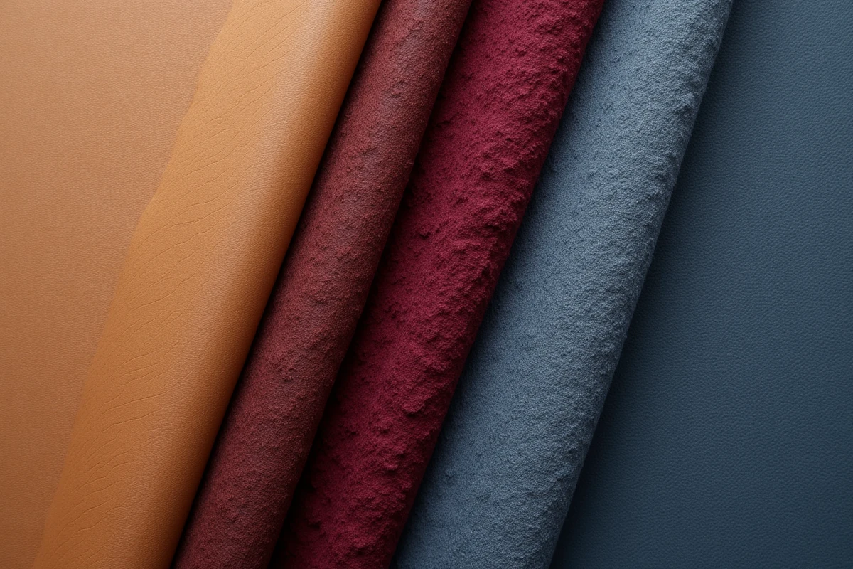 Échantillons de tissus pour housses de tabouret de bar en cuir, velours bordeaux et polyester bleu sur bois clair