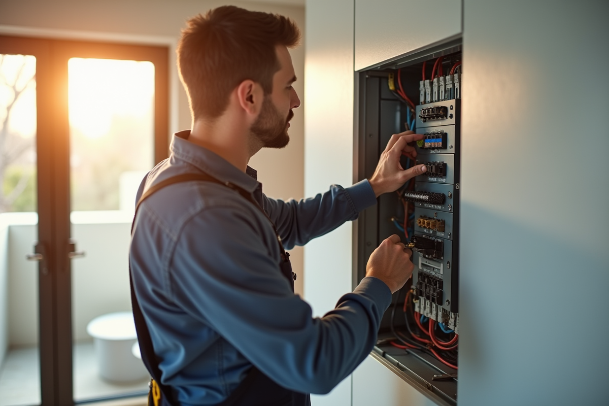 Électricien inspectant un panneau électrique moderne dans une maison rénovée