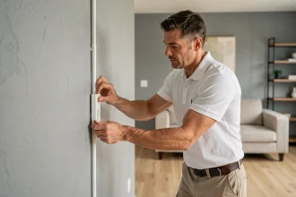 Électricien posant une goulotte PVC avec prise intégrée sur un mur gris dans un salon moderne