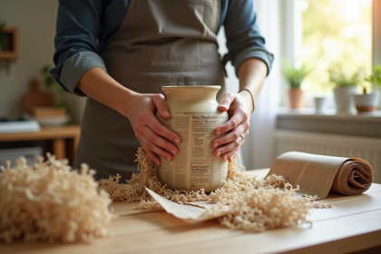 Personne emballant une vase en céramique avec papier recyclé