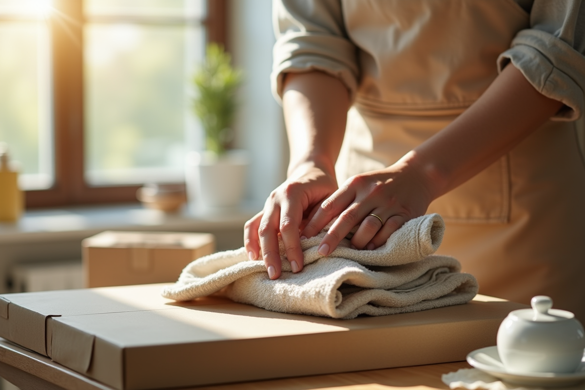 Personne emballant vaisselle avec des serviettes en tissu naturel