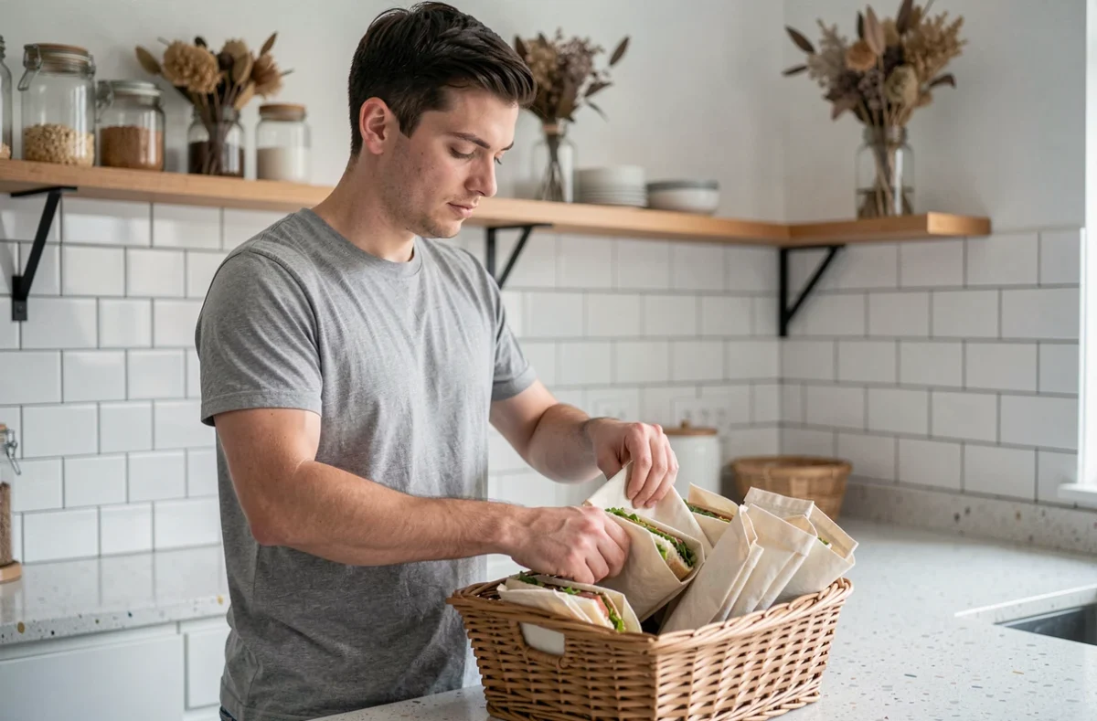 Jeune homme préparant des emballages réutilisables en tissu coton enduit dans une cuisine scandinave zéro déchet