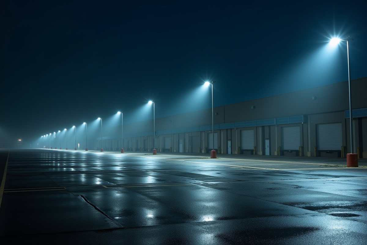 Entrepot industriel éclairé la nuit avec projecteurs puissants