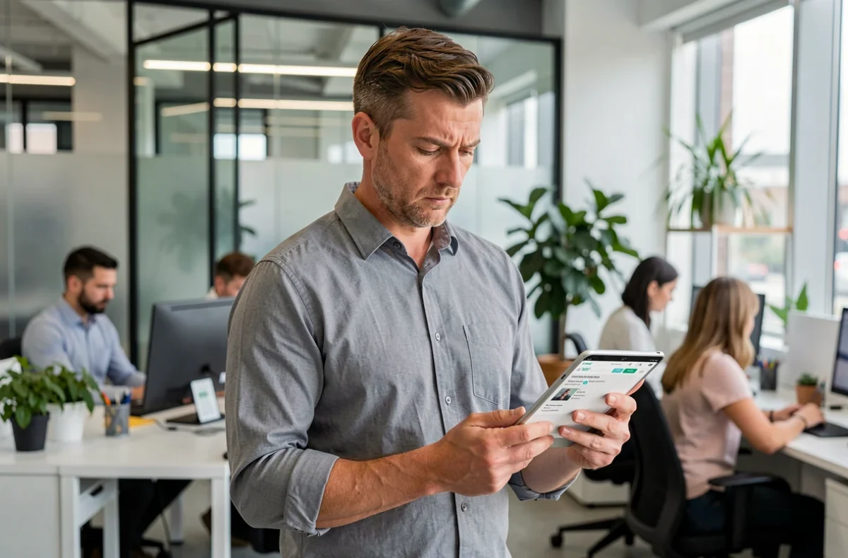 Entrepreneur masculin préoccupé consultant des avis clients négatifs sur une tablette dans un bureau moderne