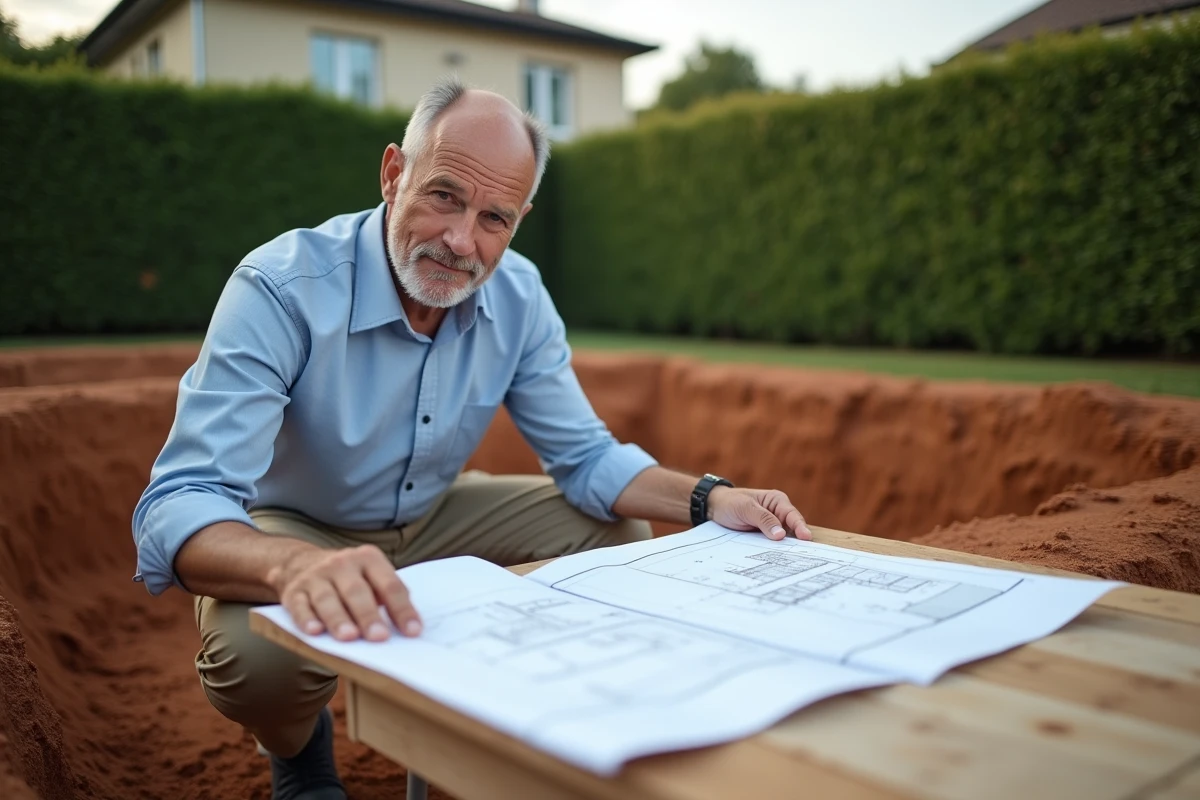 Entrepreneur analysant les plans d'une piscine en construction dans un jardin résidentiel, estimation du coût de construction