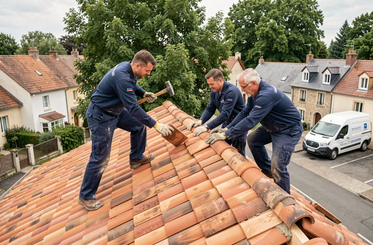 Équipe d'une entreprise de toiture posant des tuiles en terre cuite sur une charpente de maison individuelle de 100m2