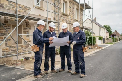 Équipe de professionnels de la rénovation devant une maison en travaux dans les Yvelines