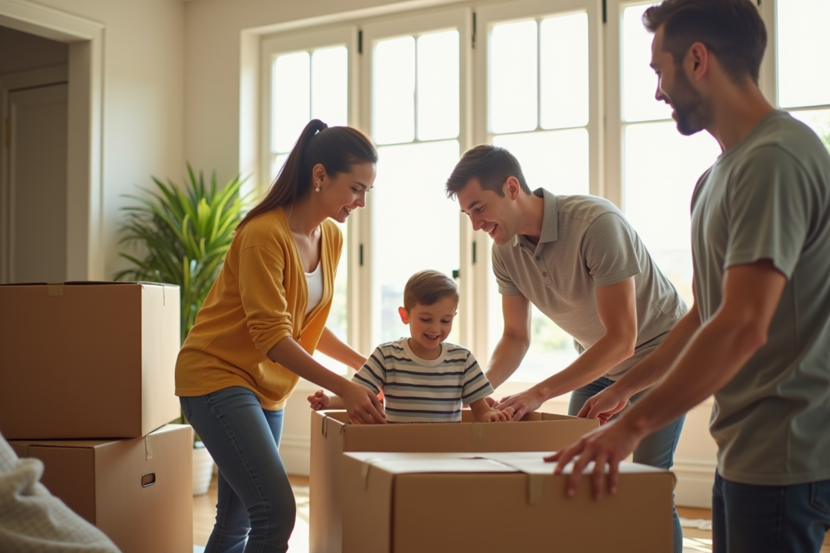 Equipe de déménagement aidant une famille dans un salon lumineux