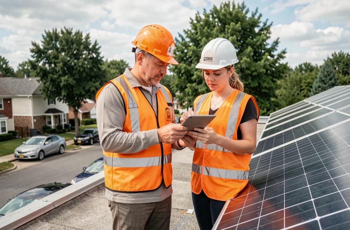 Équipe de deux techniciens consultant un schéma d'installation de panneaux solaires sur un toit résidentiel
