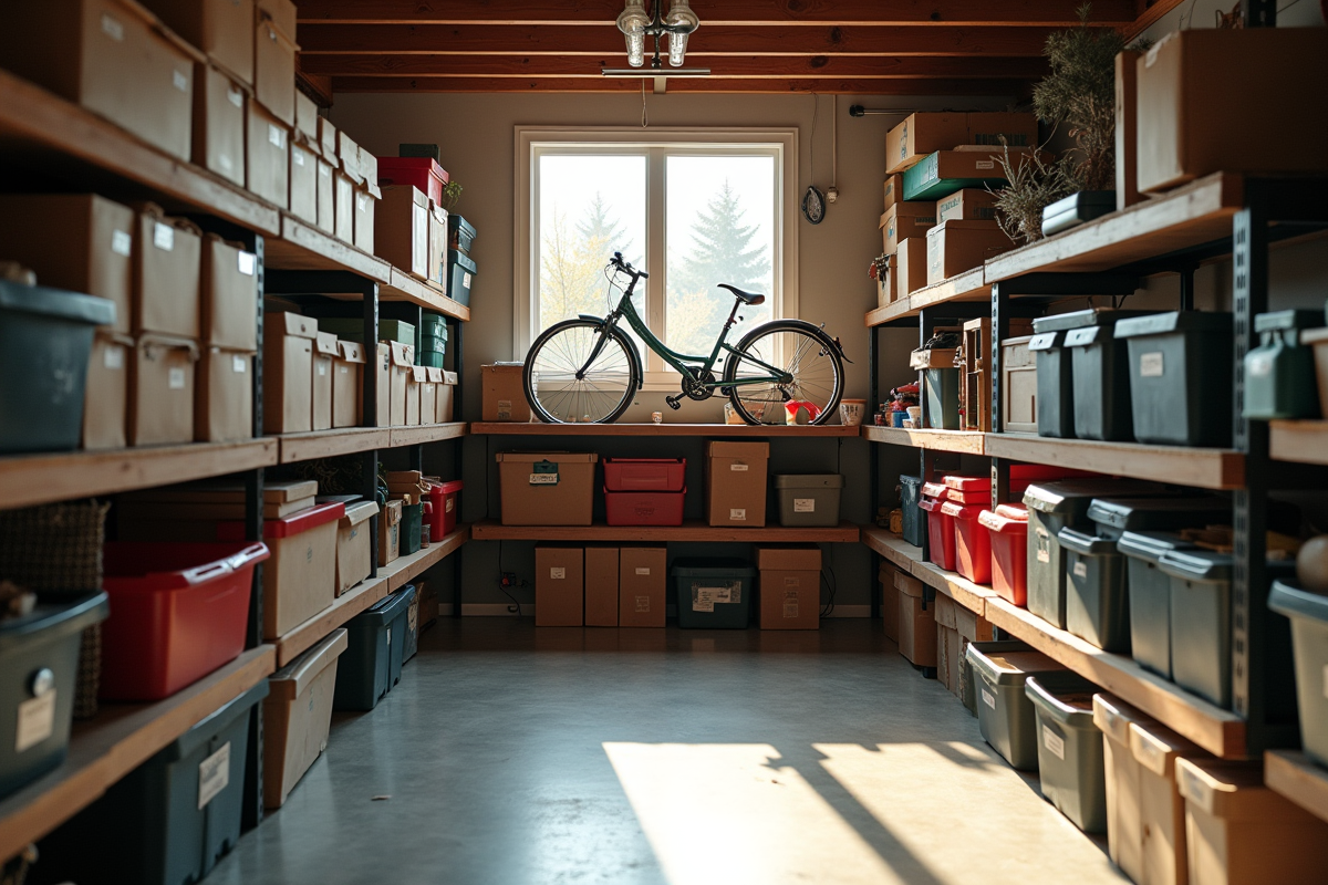 Espace de stockage organisé dans un sous-sol avec étagères et boîtes