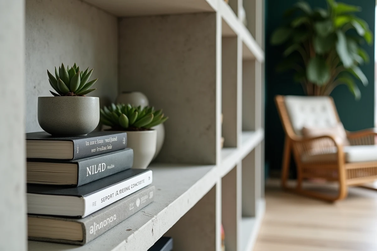 Étagère en béton cellulaire dans un salon avec livres, plantes et objets décoratifs en céramique
