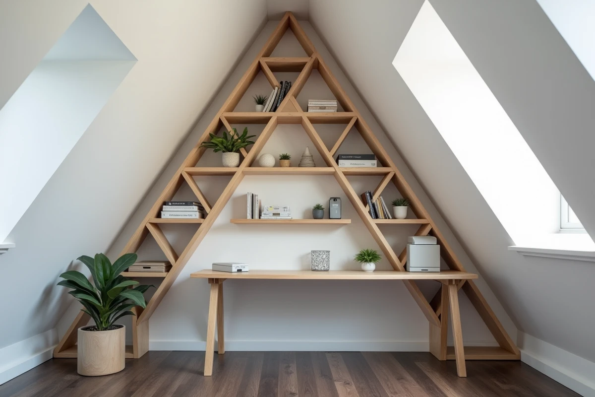 Étagères triangulaires encastrées sous une pente de toit dans un bureau à domicile avec boîtes de rangement étiquetées