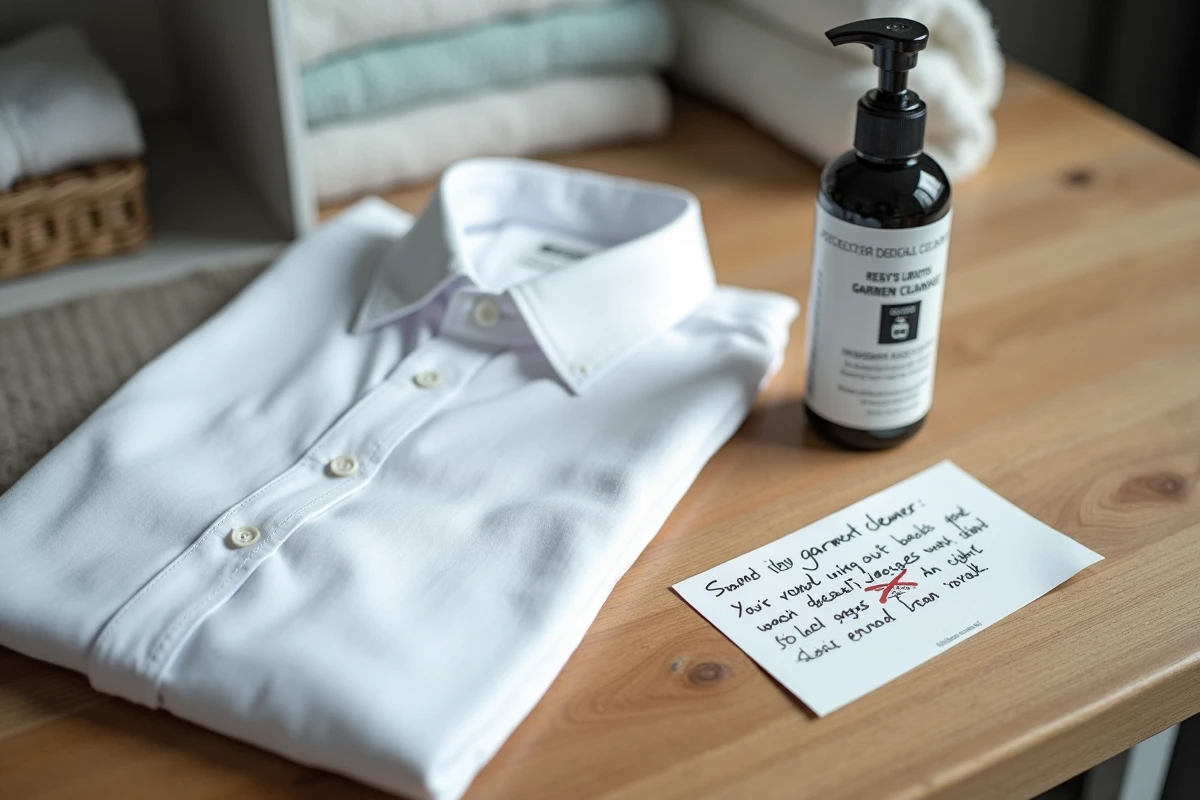 Étiquette de vêtement montrant un pictogramme lavage interdit posée sur une chemise blanche avec un produit nettoyant alternatif