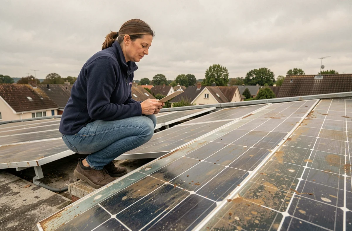 Femme évaluant des panneaux solaires d'occasion installés sur un toit résidentiel