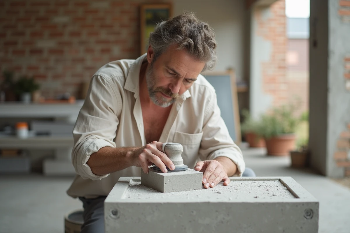 Personne en train de poncer une table de chevet en béton cellulaire artisanale dans un atelier de bricolage