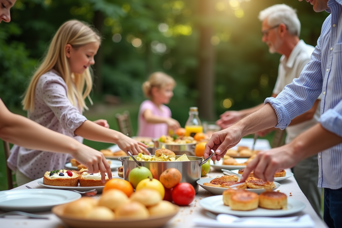 Famille de plusieurs générations partageant un buffet en extérieur