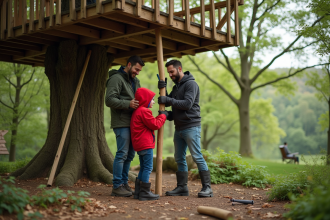 Famille construisant un cabane dans un arbre en forêt