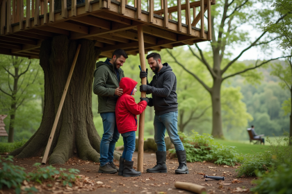 Famille construisant un cabane dans un arbre en forêt