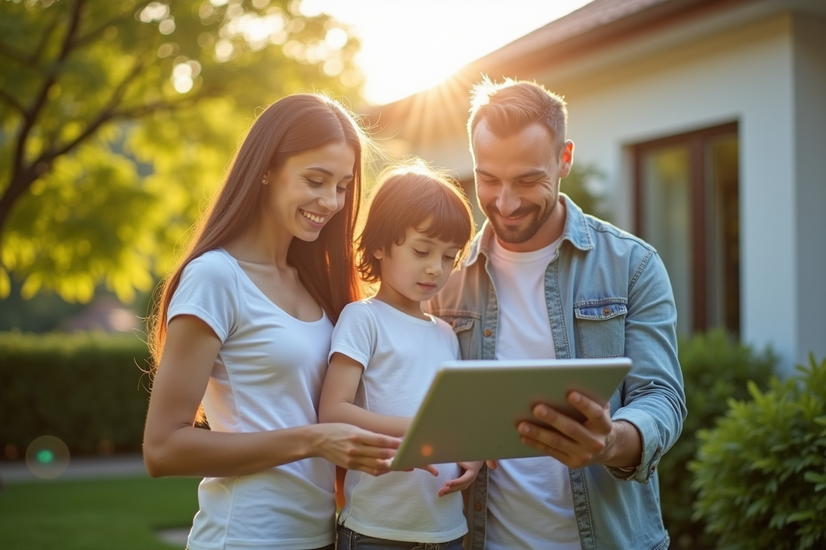 Famille moderne devant leur maison avec une tablette écologique
