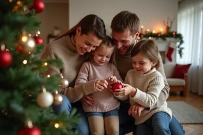 Famille d&eacute;corant le sapin de No&euml;l dans un salon moderne