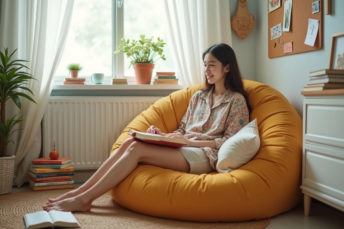 Adolescente installée dans un fauteuil papasan abordable avec coussin moelleux dans une chambre d'étudiant décorée