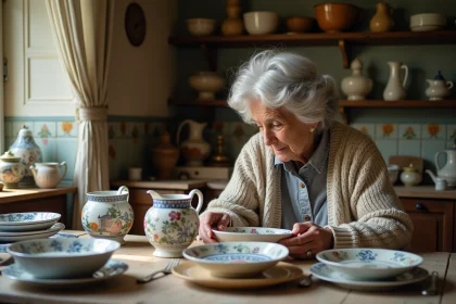 Femme &acirc;g&eacute;e inspectant des assiettes Quimper dans une cuisine chaleureuse