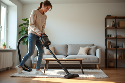 Jeune femme utilisant un aspirateur sans sac dans le salon lumineux