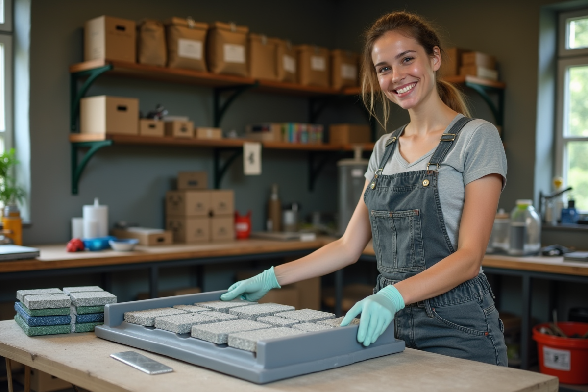 Jeune femme souriante retire une dalle de plastique dans un atelier
