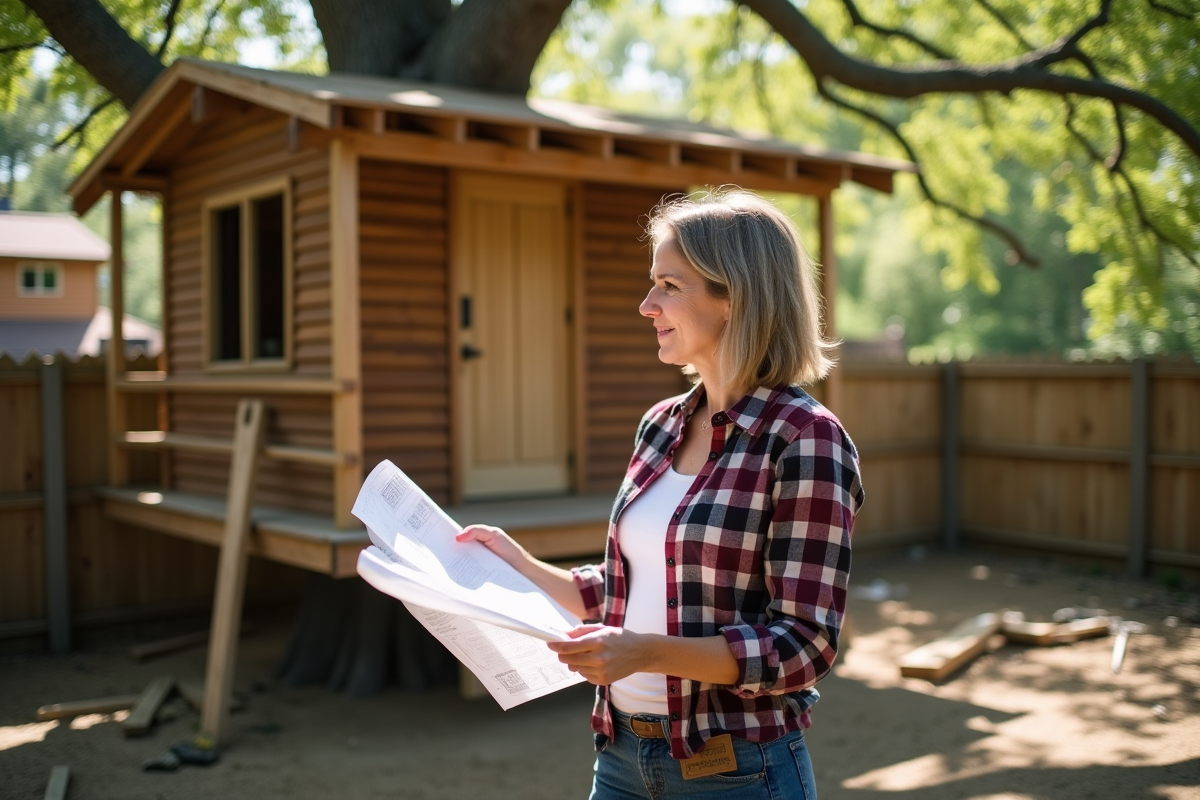 Femme examinant un plan de cabane dans un jardin