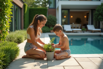 Femme et garçon jardinant près de la piscine moderne