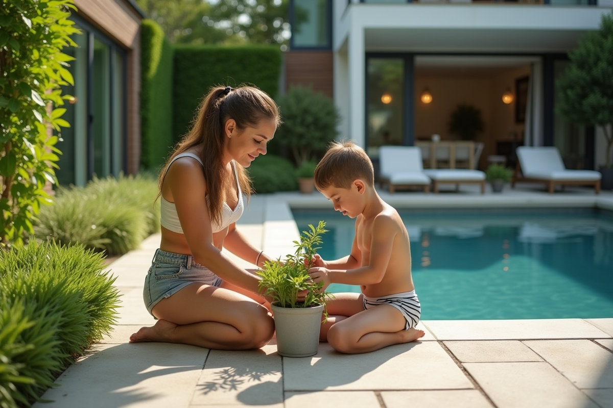 Femme et garçon jardinant près de la piscine moderne