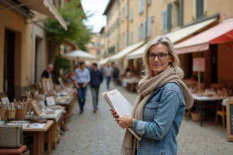 Femme d'âge moyen dans une brocante provençale en plein air