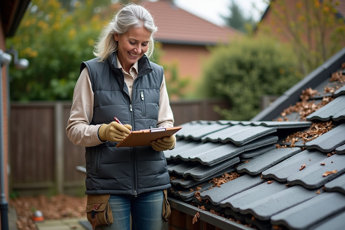Femme vérifiant des tuiles en ardoise dans le jardin