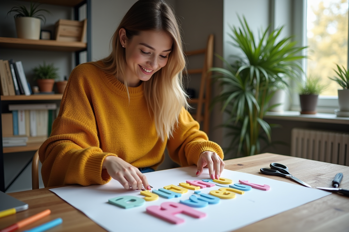 Femme créant une affiche colorée dans un intérieur moderne