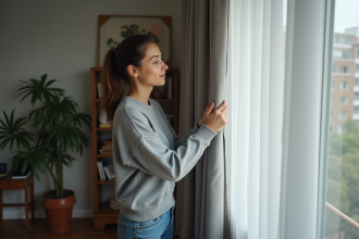 Femme vérifiant la lumière passant par un rideau dans un salon moderne