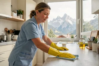 Femme de ménage en uniforme bleu nettoyant un plan de travail dans un appartement moderne à Grenoble