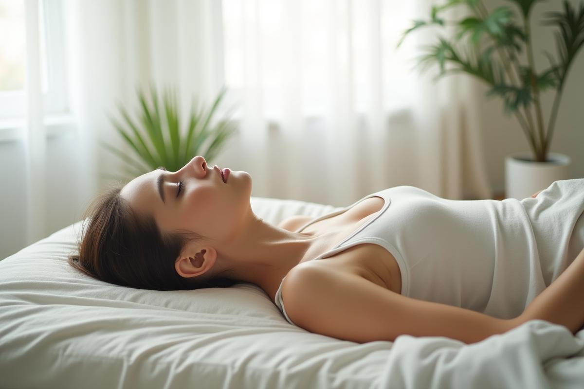 Femme allongée sur un matelas mémoire dans une pièce lumineuse