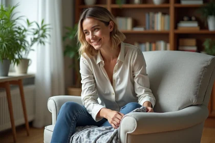 Femme en train de poser une housse sur un fauteuil dans un salon moderne