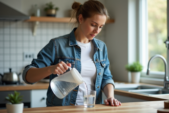 Femme versant de l'eau filtrée dans un verre dans une cuisine lumineuse