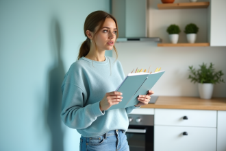 Femme en bleu réfléchissant devant un mur peint dans une cuisine moderne