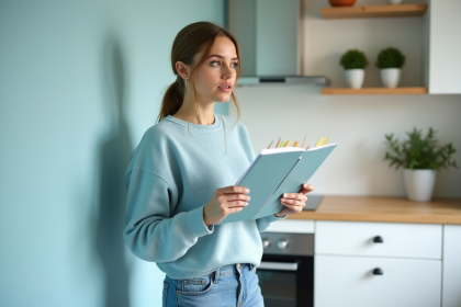 Femme en bleu réfléchissant devant un mur peint dans une cuisine moderne