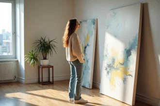 Femme regardant une grande toile abstraite dans un salon moderne