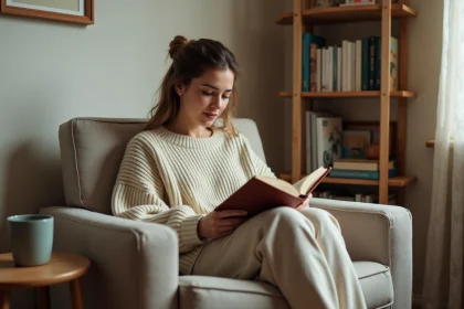 Femme lisant confortablement dans un fauteuil abordable en tissu dans un salon modeste et chaleureux